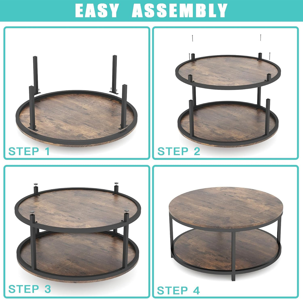 36 Inches round Coffee Table, Rustic Wooden Surface Top & Sturdy Metal Legs Industrial Sofa Table for Living Room Modern Design Home Furniture with Storage Open Shelf (Brown)