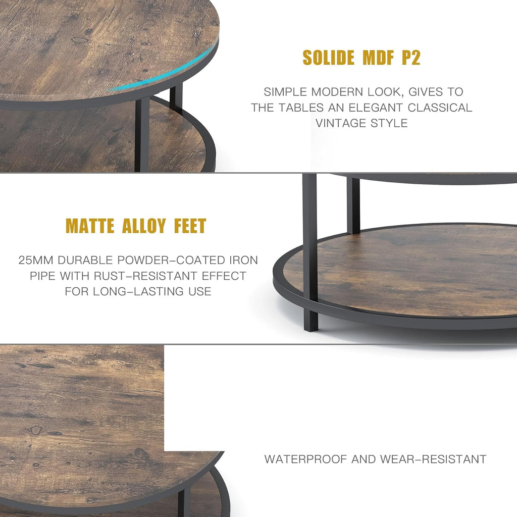 36 Inches round Coffee Table, Rustic Wooden Surface Top & Sturdy Metal Legs Industrial Sofa Table for Living Room Modern Design Home Furniture with Storage Open Shelf (Brown)