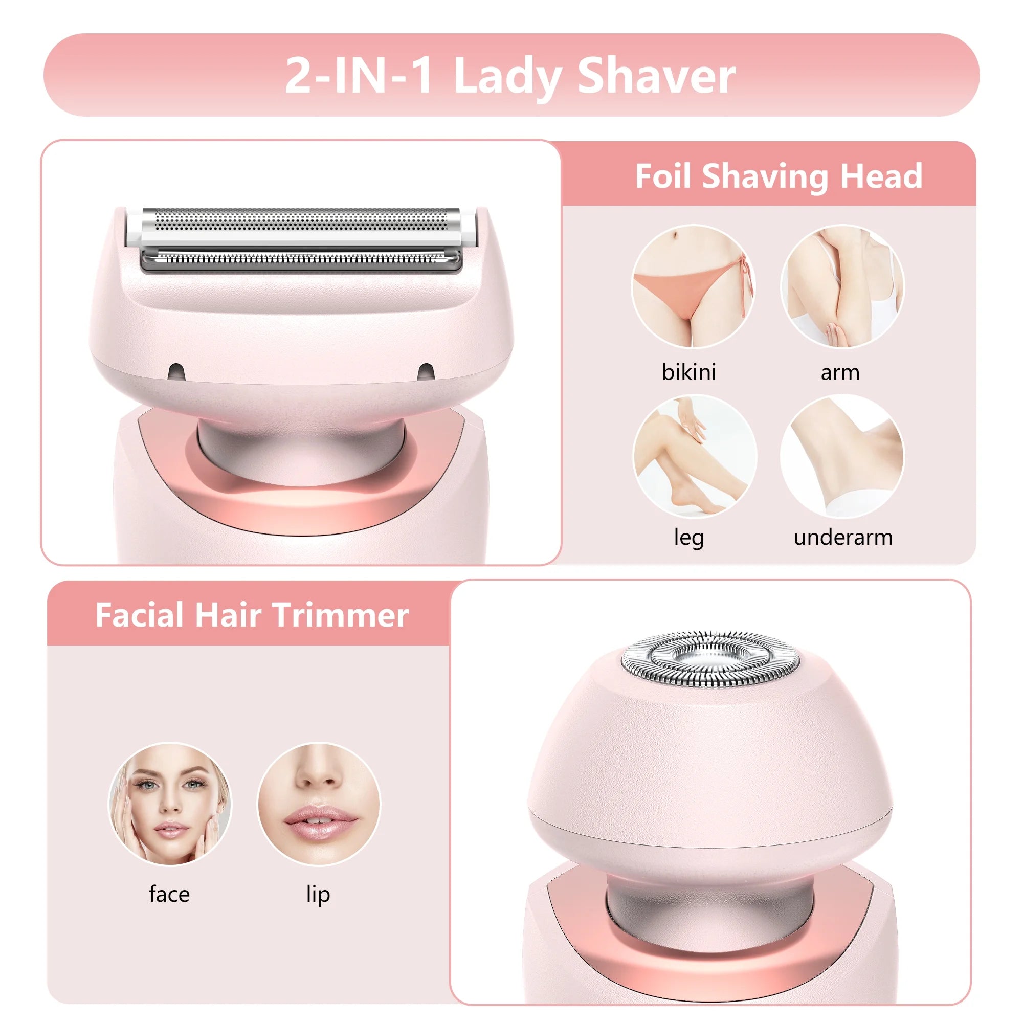 Woman Electric Razor, Lady Shaver Rechargeable, Face Leg Bikini Trimmer Wet Dry Use