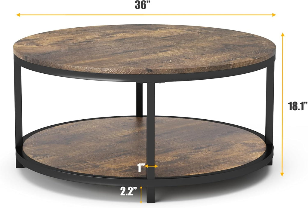 36 Inches round Coffee Table, Rustic Wooden Surface Top & Sturdy Metal Legs Industrial Sofa Table for Living Room Modern Design Home Furniture with Storage Open Shelf (Brown)