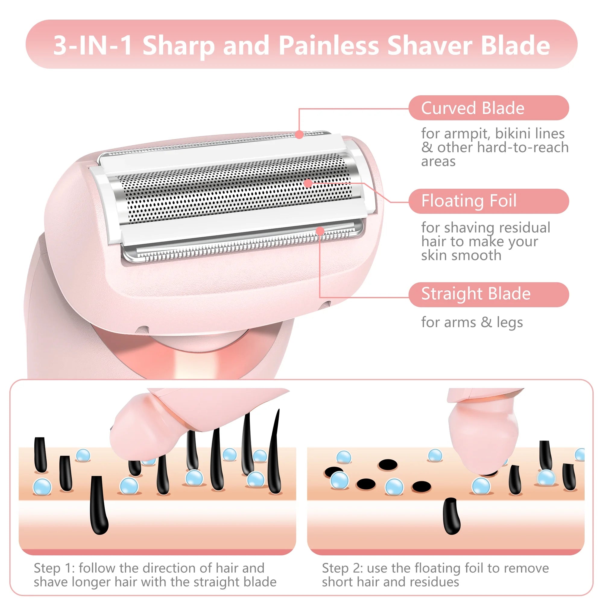 Woman Electric Razor, Lady Shaver Rechargeable, Face Leg Bikini Trimmer Wet Dry Use